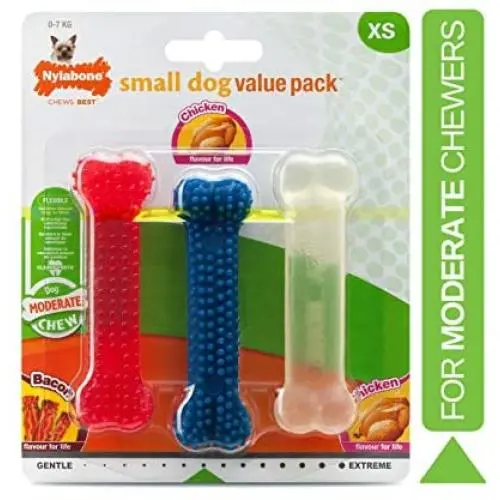 Nylabone Moderate Flexible Dental Dog Chew Toy Bones, 3 Pack, Bacon, Chicken Flavoured, X-Small, for Dogs Up to 7 kg Nylabone Moderate Flexible Dental Dog Chew Toy Bones, 3 Pack, Bacon, Chicken Flavoured, X-Small, for Dogs Up to 7 kg
