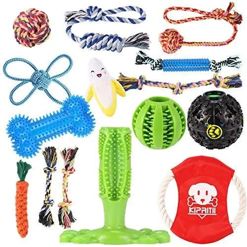 KIPRITII Dog Chew Toys for Puppy - 15 Pack Aggressive Chewer Puppies Teething Chew Toys for Boredom, Pet Dog Toothbrush Chew Toys with Rope Toys, IQ Ball and More Squeaky Toy for Puppy and Small Dogs