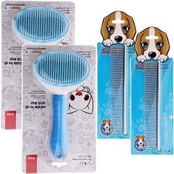 Self Cleaning Brush Comb Set Include 2 Pieces Hair Slicker Brush and 2 Pieces Pet Stainless Steel Comb Pet Shedding Grooming Combs for Pets Dogs and Cats