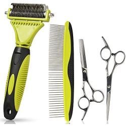 YAKAON Pet Grooming Kits, 4-in-1 Dual Sided Undercoat Rake, 2 pairs of Stainless Steel Pet Scissors with Comb Pet Grooming Tools for Dogs, Cats and Other Pets