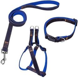 Bark Lover Dog Harness Leash and Collar Matching Sets for Small Puppy Medium Large Dogs Pets, Heavy Duty Nylon with Denim Design, Perfect Accessories for Walking Training Your Dog