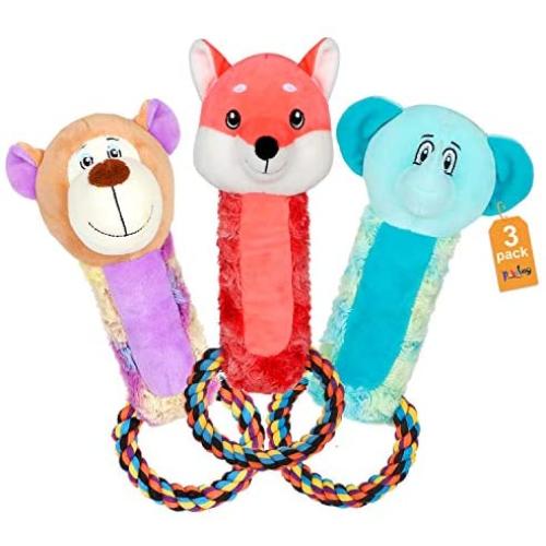 Pokeling Dog Squeak Toys, Dog Toys, Dog Toys Pack, Dog Plush Toys, Pet Toys, Stuffing Squeaky Plush Dog Toy, Rope Dog Toys, Chew Toys Plush Toys, 3 Pack Cute Pet Toys, Fox, Elephant, Bear