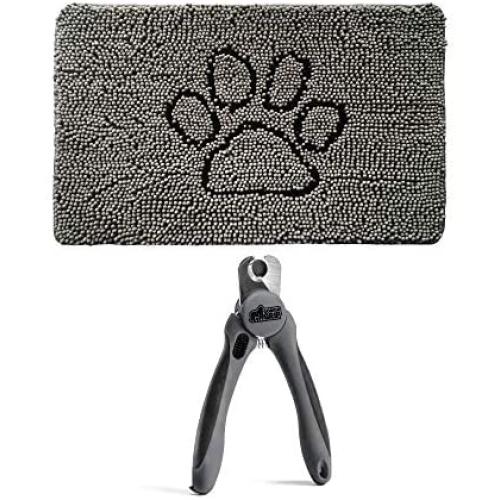 Gorilla Grip Indoor Doormat and Pet Nail Clipper, Includes Built in Nail File, Inside Paw Gray Chenille Door Mat is 30x20 Size, 2 Item Bundle