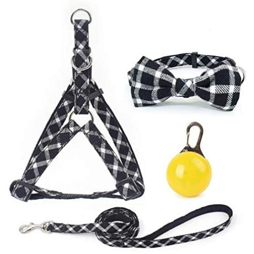 Dog Harness Adjustable & Durable Plaid Pet Harness,4 Pack(Vest Harness&Plaid Bow Dog Collar&Leash&Collar Light) Anti- Twist Dog Leash Set for Small Medium Large Puppy Dogs Cats (Large, Black)
