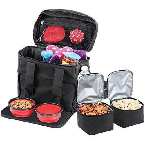 Bundaloo Dog Travel Bag Accessories Supplies Organizer 5-Piece Set with Shoulder Strap | 2 Lined Pet Food Containers, 2 Collapsible Feeding Bowls. Everyday Dogs Essentials