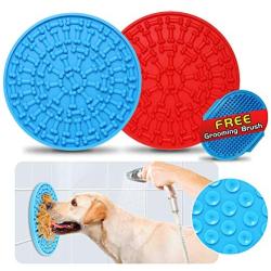JinFu Cun Dog Lick Mats, 2 Pack [Blue and Red] Slow Feeding Bite Proof Silicone Peanut Butter Treat Pads and Gift Grooming Brush – Pet Distraction & Training Device for Dog Bath