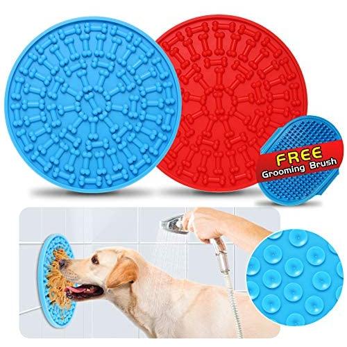 JinFu Cun Dog Lick Mats, 2 Pack [Blue and Red] Slow Feeding Bite Proof Silicone Peanut Butter Treat Pads and Gift Grooming Brush – Pet Distraction & Training Device for Dog Bath