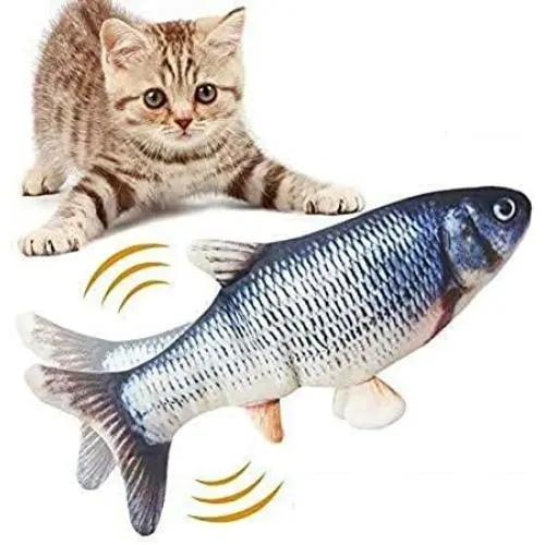 11'' Electric Moving Fish Cat Toy Realistic Flopping Catnip Kicker Toy Plush Simulation Wagging Fish Wiggle Interactive Cat Toy Pets Chew Bite Supplies with Motion Sensor, USB Charged, Catnip Pouches
