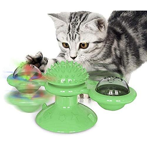 Qianren Windmill Cat Toy with LED Lighting Ball and Catnip Balls, Funny Cat Toy Turntable Rotatable Scratcher Ball, Cats Entertainment