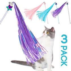 ZooZoo Cat Teaser Toy Handcrafted Fairy Princess Shiny Tassel Wands 3-Color Pack, Glitter Magic Star Crystal Beaded Crown Large Jingle Bell Interactive Fun Play Pet Stimulate Active Exercise Entertain