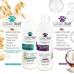Lillian Ruff Brightening & Whitening Shampoo For Dogs – Safe for Cats - Tear Free Coconut Scent With Aloe For Normal, Dry & Sensitive Skin – Adds Shine & Luster to All Color Coats (Brightening & Oatmeal Conditioner Set)