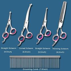 Dog Grooming Scissors 6PCS, Stainless Steel with Safety Round Tip Thinning Straight Curved Shears and Combing Kit for Cat Pet