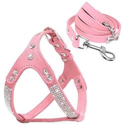 Beirui Soft Suede Rhinestone Leather Dog Harness Leash Set Cat Puppy Sparkly Crystal Vest & 4 ft Lead for Small Medium Cats Pets Chihuahua Poodle Shih Tzu