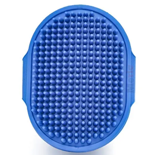 Meric Pet Shampoo Brush, 4.7'' x 3.5'' Blue Grooming Glove, Rubber Massaging Bristles, Adjustable Hand Straps, for Dogs, Cats, Rabbits & Other Small Pets, 1pc