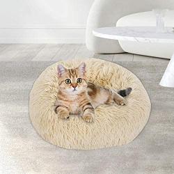 Bathonly Calming Anti-Anxiety Pet Bed, Puppy Bed Faux Fur Cuddler, Donut Bed for Mini and Small Dogs and Cats up to 8 pounds, Tan 15.7''