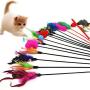 Monliyan 4 Pcs Funny Pet Cat Kitten Play Sticks Wand Rod Classic Feathers Teaser with Bell Elastic Cat Interactive Cat Toy