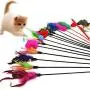 Monliyan 4 Pcs Funny Pet Cat Kitten Play Sticks Wand Rod Classic Feathers Teaser with Bell Elastic Cat Interactive Cat Toy