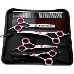 Moontay Professional Dog Grooming Scissors Set, Round Tip Cutting Curved Scissors Thinning Shears Pet Hair Trimming Scissors Set with 1 Grooming Comb for Dog Cat and More Pets