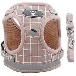 Goocky Dog Cat Harness Vest, Pet Pink Plaid Breathable Leash Set Safety Soft with 2 Metal Buckle for Kitties, Puppy