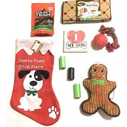 Christmas Stocking Bundle for Dog, Jerky Treats,Rope and Squeaky Ball,Squeaky Gingerbread Toy, 3 Rolls Disposable pet Bags,Pet Bowl Mat, I Love My Dog Beverage Napkins for PET OWNER-10 Items