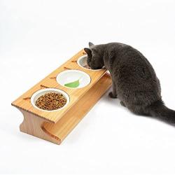 Smith Chu Premium Elevated Pet Bowls, Raised Dog Cat Feeder Solid Bamboo Stand with Ceramic Food Feeding Bowl - Cute Kitty Bowl for Cats and Puppy