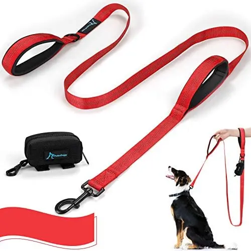 PuppyDoggy Double Handle Dog Leash 6 ft Long for Large and Medium Dogs Reflective Threads Stitching Leash with Two Traffic Padded Handles & Poop Bag Dispenser for Walking , Training (Red)
