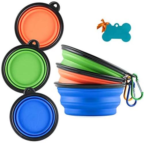 MXZONE 3 Collapsible Silicone Dog Bowl, Foldable Expandable Cup Dish for Small Pet Cat Food Water Feeding Portable Travel Bowl, Free Pet ID-Tag