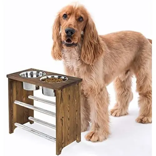 MyGift 15 Inch Tall Dark Brown Burnt Wood Large Pet Dog Raised Feeder Stand with 2 Stainless Steel Bowls MyGift 15 Inch Tall Dark Brown Burnt Wood Large Pet Dog Raised Feeder Stand with 2 Stainless Steel Bowls