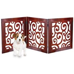 Safety Pet Gate for Dogs – Free-Standing & Foldable - Decorative Scroll Wooden Fence Barrier – Stairs & Doorways