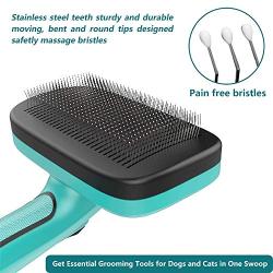 Self-Cleaning Slicker Brush + FREE 7'' Stainless Steel Comb, Pain-free Bristle Cat Dog Grooming Brush Removes Tangled Hair，Dirt，Dander and Reduces Shedding and Tangling for All Hair Types Pet
