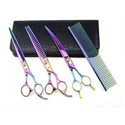 LILYS PET HIGH-END SERIES Japan 440C Stainless Steel Professional Pet Grooming Scissors Set,Rainbow Color,Cutting&Thinning&Two-way Curved shears Set (8.0'')