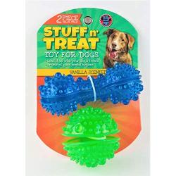 Stuff n Treat Dog Toy, Vanilla Scented, Dental Hygiene. 2-Piece Set, Blue Bone, Green Ball
