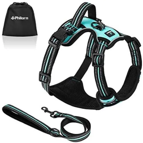 PHILORN No Pull Dog Harness with 1.5m Leash, Adjustable Front Clip Dog Vest Harness, Soft Mesh Padded Vest with Reflective Stitching, Handle and 2 Rings, Easy Control for Small, Medium, Large Dog