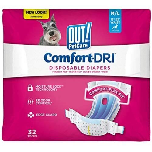 OUT! Disposable Female Dog Diapers | Absorbent Female Dog Diapers with Leak Protection | Female Dogs in Heat, Excitable Urination, or Incontinence | Medium/Large | 32 Count