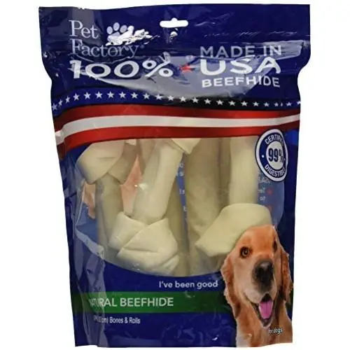 Pet Factory Natural Rawhide Dog Treats 78206, Made in USA, Natural, Digestive 8-9'' Handmade Beefhide Dog Chew Assortment 3 Bones, 3 Rolls. (Pack of 6) Resealable Package Pet Factory Natural Rawhide Dog Treats 78206, Made in USA, Natural, Digestive 8-9'' Handmade Beefhide Dog Chew Assortment 3 Bones, 3 Rolls. (Pack of 6) Resealable Package