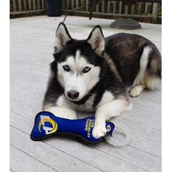 Pets First NFL Los Angeles Rams Football Dental Tough Dog TUG Bone Toy with Built-in Squeaker Attached to a Safe Rubber Teething Toothbrush PET Toy, Team Color, 14 x 5 (STL-3310)