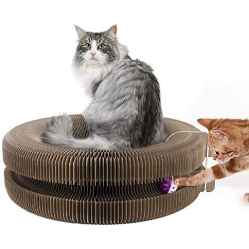 Pawaboo Cat Scratcher Lounge Bed, Multifunctional Collapsible High-Density Corrugated Cardboard Scratching Toy Pad Lounge Round Bed with Built-in Round Bell Balls & Catnip for Cat Kitty Kitten, Beige