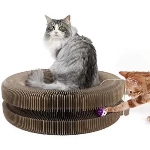 Pawaboo Cat Scratcher Lounge Bed, Multifunctional Collapsible High-Density Corrugated Cardboard Scratching Toy Pad Lounge Round Bed with Built-in Round Bell Balls & Catnip for Cat Kitty Kitten, Beige Pawaboo Cat Scratcher Lounge Bed, Multifunctional Collapsible High-Density Corrugated Cardboard Scratching Toy Pad Lounge Round Bed with Built-in Round Bell Balls & Catnip for Cat Kitty Kitten, Beige