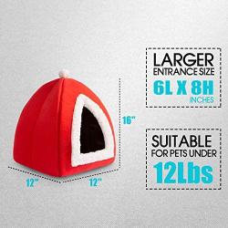 Hollypet Self-Warming 2 in 1 Foldable Comfortable Triangle Cat Bed Tent House, Red Hat