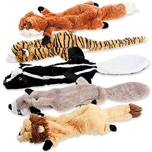 Dog Squeaky Toys, No Stuffing Plush Chew Toy for Small Medium Dogs Puppy Aggressive Chewers Large Breed, 5 Pack Cute Animals (Raccoon Squirrel Tiger Fox and Lion)