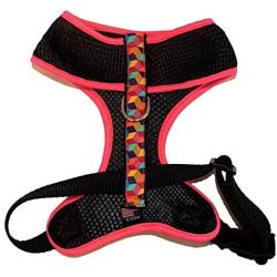 BESSIE AND BARNIE Air Comfort Harness for Pets, Black/Rainbow Blocks/Hot Pink