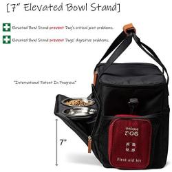 Unique Dog Travel Bag - Dog Traveling Luggage Set for Dogs Accessories - Include Pet First Aid Bag with Case Tags, Elevated Bowl Stand, 2X Food Storage Containers, 2X Dog Stainless Steel Bowls.