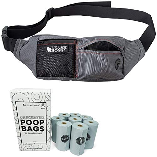 Leashboss PackUp Pouch Dog Treat Training Fanny Pack (Gray) with 120 Bags, 8 Rolls Unscented Leak Proof Gray Poop Bags