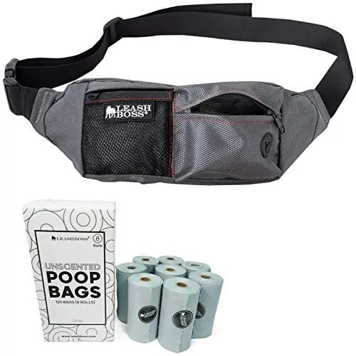 Leashboss PackUp Pouch Dog Treat Training Fanny Pack (Gray) with 120 Bags, 8 Rolls Unscented Leak Proof Gray Poop Bags Leashboss PackUp Pouch Dog Treat Training Fanny Pack (Gray) with 120 Bags, 8 Rolls Unscented Leak Proof Gray Poop Bags