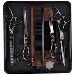 Dog Grooming Scissors Set- Stainless Steel Pet Grooming Kit 7 Inch Thinning Straight Curved Shears with Grooming Comb Perfect for Pet Groomer or Family DIY Use for dog cat and more pets