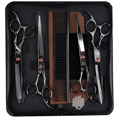 Dog Grooming Scissors Set- Stainless Steel Pet Grooming Kit 7 Inch Thinning Straight Curved Shears with Grooming Comb Perfect for Pet Groomer or Family DIY Use for dog cat and more pets Dog Grooming Scissors Set- Stainless Steel Pet Grooming Kit 7 Inch Thinning Straight Curved Shears with Grooming Comb Perfect for Pet Groomer or Family DIY Use for dog cat and more pets