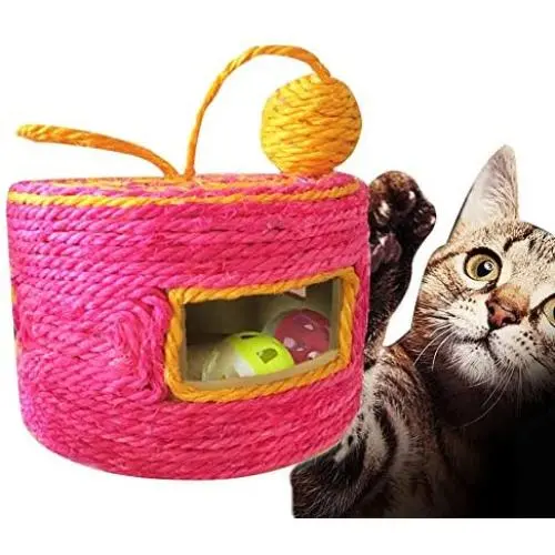 Ychaoya Sisal Woven Round Bucket Wear-Resistant Sisal Cat Pet Toys with 2 Sound Ball, Random Color Delivery