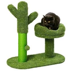 LUCKITTY Large Catcus Cat Scratching Post Tree with Play Ball and Bed Green-Cactus Cat Scratcher Protect Your Furniture with Natural Sisal Scratching Posts Pads and Bed