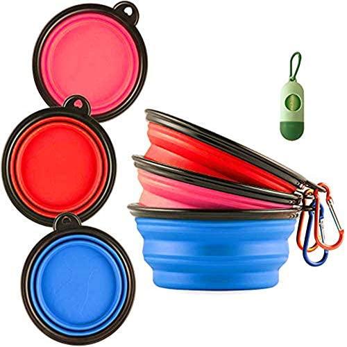 Collapsible Dog Bowls for Travel - Foldable Portable Pet Water Food Bowl Feeding Watering Cup Dish with Waste Bag Dispenser Lightweight for Walking Camping Parking Traveling