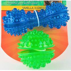 Stuff n Treat Dog Toy, Vanilla Scented, Dental Hygiene. 2-Piece Set, Blue Bone, Green Ball